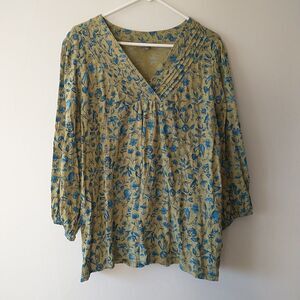 Style&Co Top Blouse Womens 3X Green Blue Floral 3/4 Puff Sleeve OekoTex Cottagec